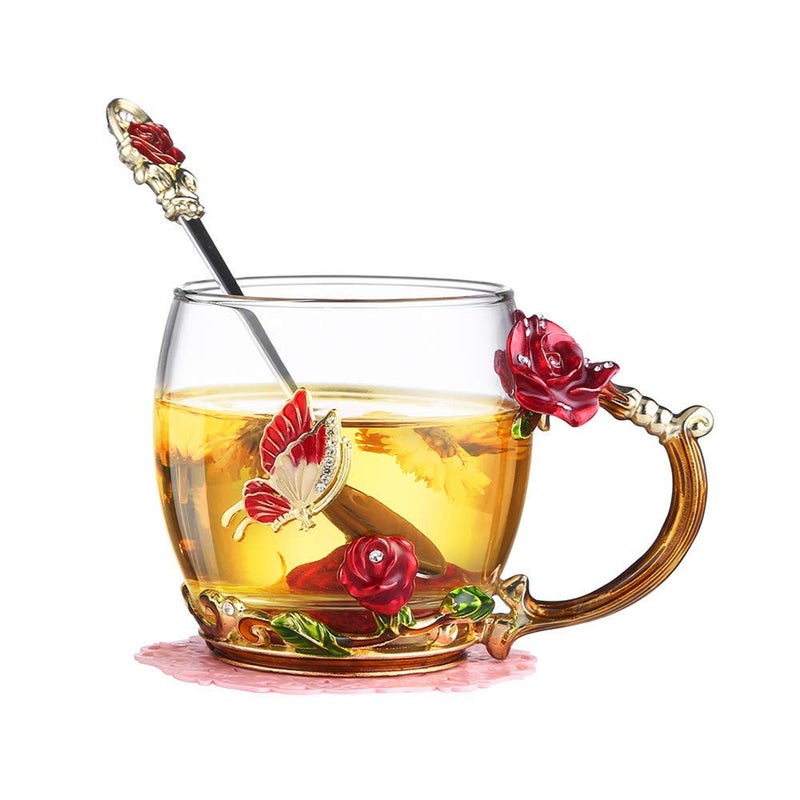 Luka Tech Enamel Butterfly flower Lead-free Glass Coffee Mugs Tea Cup with Steel Spoon, personalised Gifts For Women Wife Mom Girl Teacher Friends Birthday Mothers Valentines Day Wedding (Rose) - Image 1